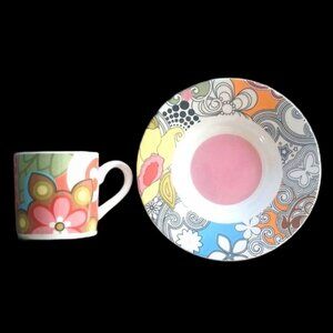 French Bull Jackie Shapiro Espresso Cup Saucer Set Ceramic Multi-color Floral